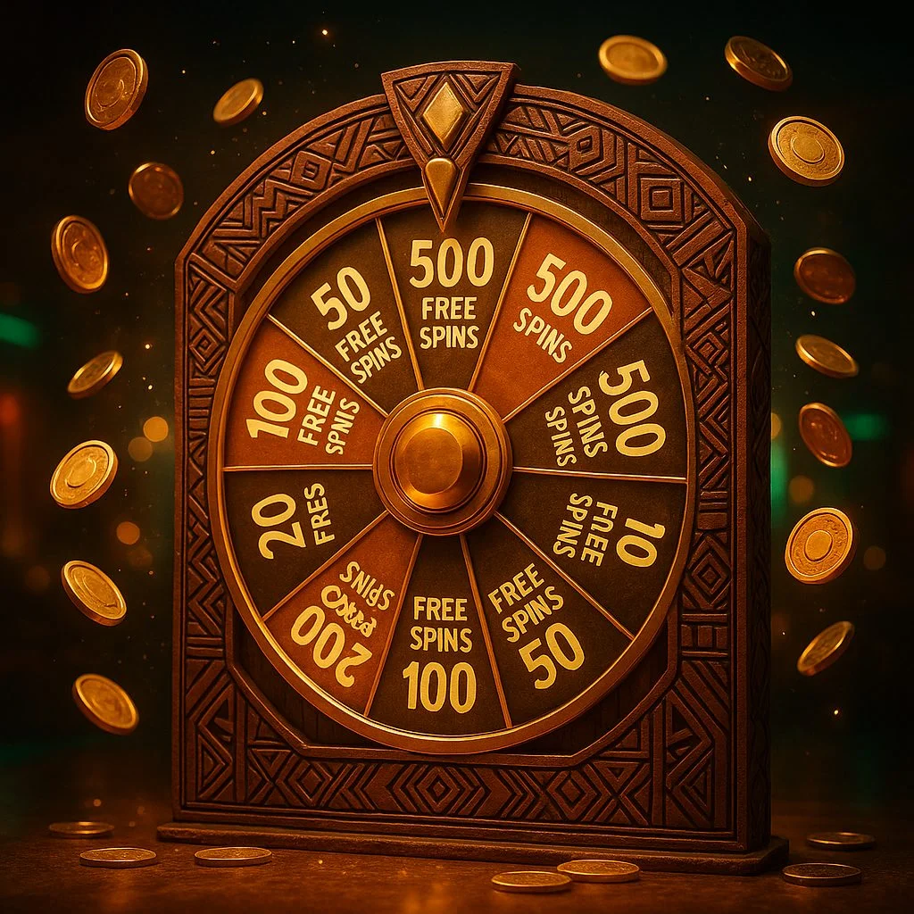 Golden bonus wheel mechanic on a slot game interface with free spins award segments