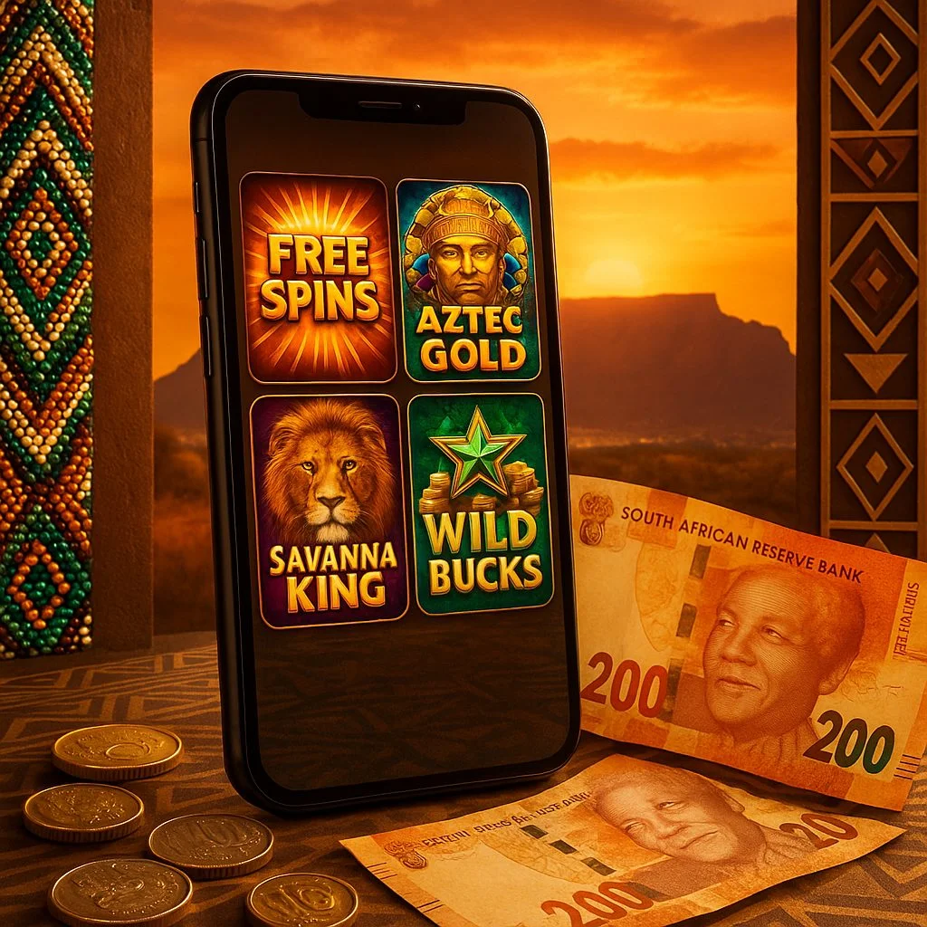Mobile phone displaying a slot game with free spins feature running on a South African casino app